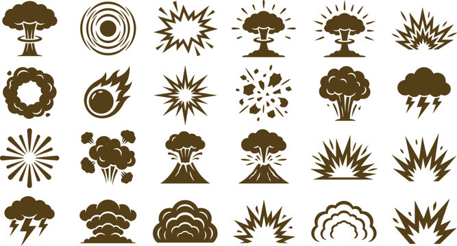Set of twenty-four monochrome brown explosion and weather featuring mushroom clouds, lightning, fireballs, and impact bursts isolated on a white background, for use