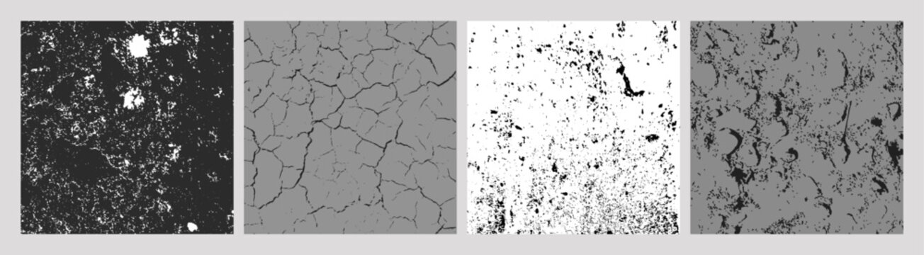 Set of four grayscale grunge textures including corroded patches, cracked mud, erosion speckles, and weathered surfaces, abstract distressed backgrounds for overlays, design, or material studies