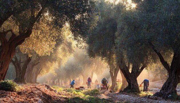 Mediterranean olive grove buzzing at olive harvest, golden hour authenticity