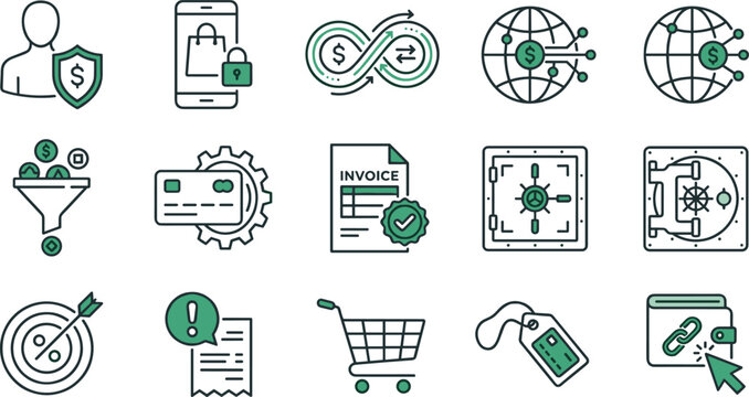 Business finance and secure banking transaction line icons set for online payment processing