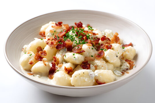 Creamy Halusky with Bryndza and Crispy Bacon Topping on Full Plate