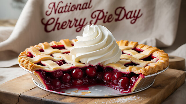A slice of cherry pie with lattice crust and whipped cream, served on a wooden board with a 'National Cherry Pie Day' cloth in the background.