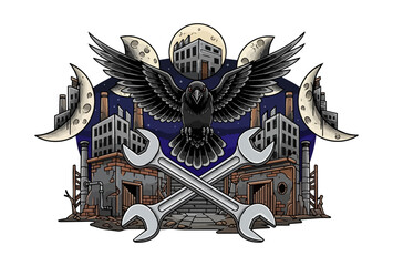 Fototapeta premium Raven with wrench emblem illustration industrial design concept