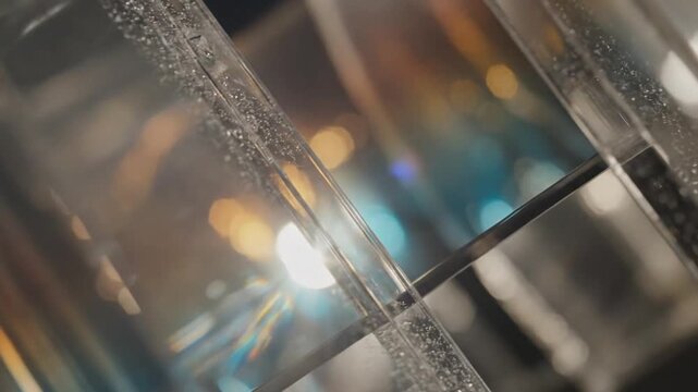 Abstract close-up of colorful refracted light passing through textured glass, bokeh background