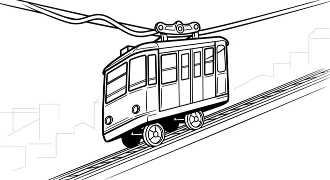 Black and White Line Art Illustration of a Funicular Cable Car