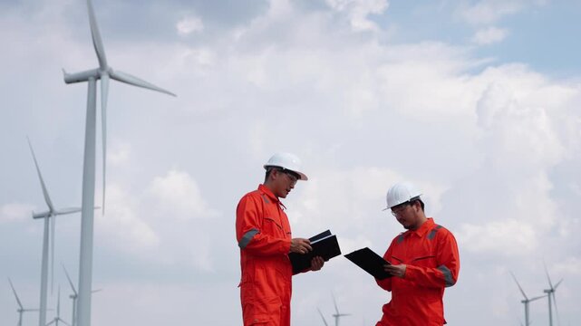 Professional Asian technical workers inspecting sustainable windmill power infrastructure grid area. Focused engineers using high tech digital equipment outside wind energy farm.