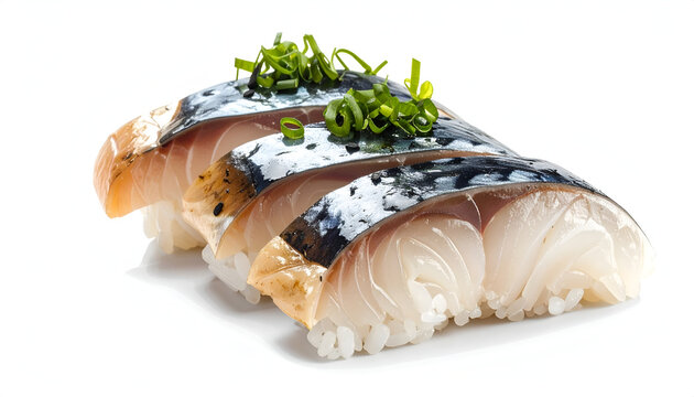 Traditional Japanese cured mackerel sushi saba nigiri slices topped with green chives food product mockup