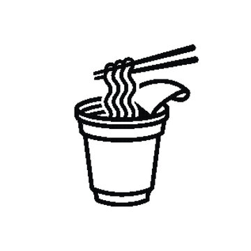 Minimalist instant noodle cup vector icon, black and white ramen cup with chopsticks, simple line art fast food soup illustration
