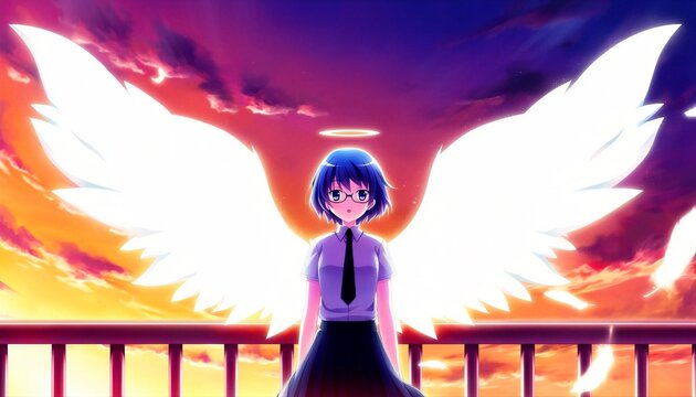 Anime Angel Girl On Rooftop At Dusk