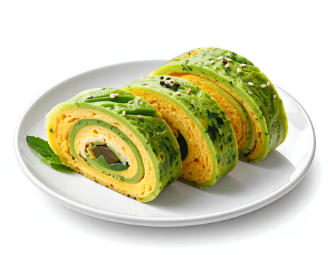 Traditional Korean rolled green onion vegetable omelette gyeran mari slices on white plate mockup