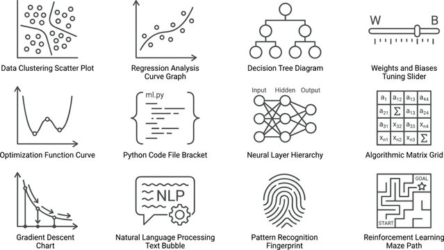 Machine learning algorithm and data science line icon set for neural network modeling