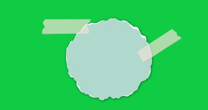 Round sheet of paper for notes. Rip piece with torn adges. Animated paper piece on green background. Blank mockup for text for presentation, advertising, website. 4K video graphic