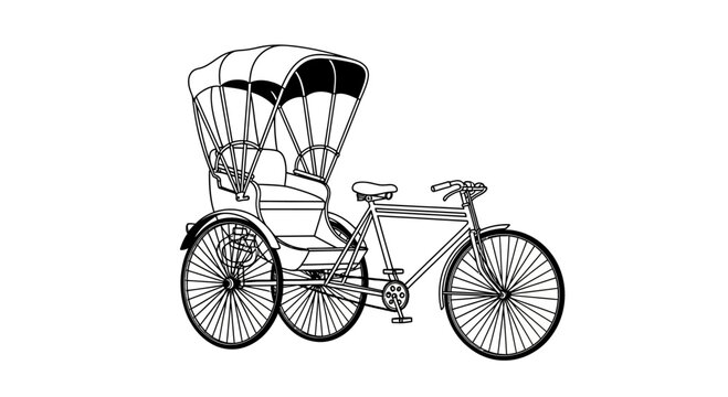 Black and White Line Art Illustration of a Traditional Cycle Rickshaw