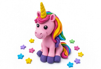 Naklejka premium Cute Pink Clay Unicorn with Rainbow Mane and Stars