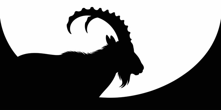 Ibex Silhouette Vector Illustration Mountain Goat Profile Icon with Long Curved Horns Against Full Moon Background