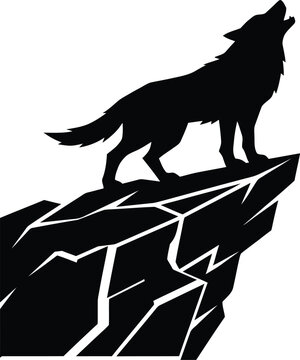 Black silhouette wolf howling on cliff