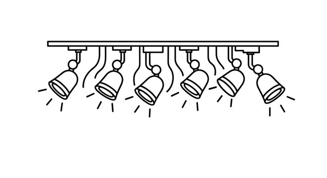 Black and White Line Art Illustration of Ceiling Spotlight Track Lighting Fixture
