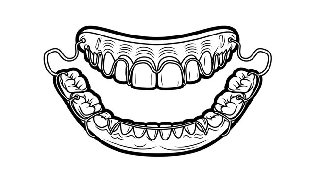 Black and White Line Art Illustration of Dental Retainers for Teeth Alignment