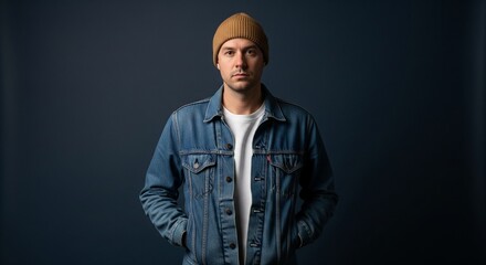Fototapeta premium Man wearing a denim jacket and a brown beanie posing with hands in pockets against a dark blue background