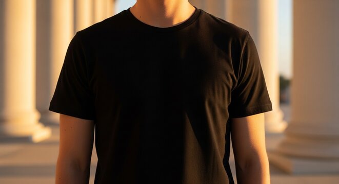 Man wearing a plain black t-shirt standing outdoors with columns in background at sunset