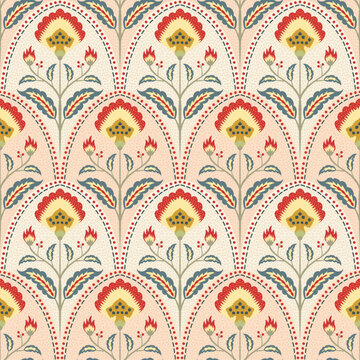 Vintage Persian Floral Chintz Ogee Damask Seamless Pattern with Stylized Carnations and Dotted Scale Arch