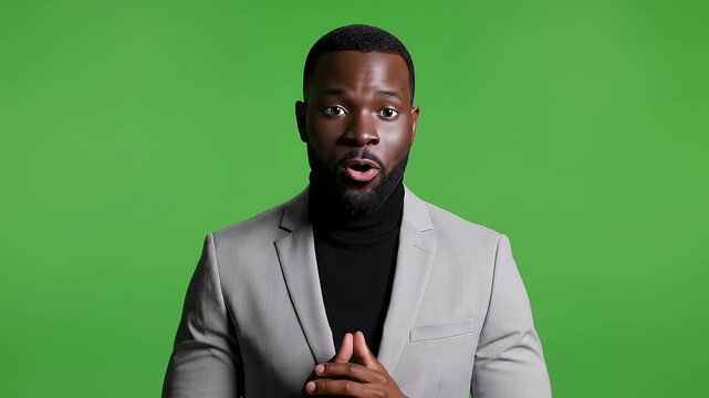 A man in a gray suit stands in front of a green screen with an AI avatar on the screen