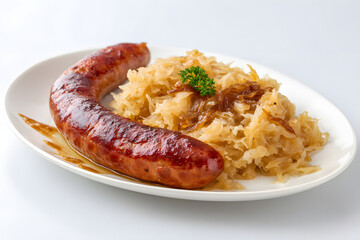 Fototapeta premium Deliciously Grilled Kielbasa Served with Flavorful Sauerkraut on a White Plate