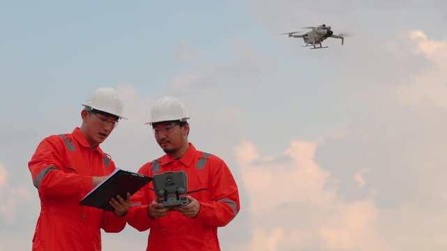 Professional Asian engineering team controlling surveillance drone near windmill grid station. Two industrial workers tracking alternative green power utility data on tablet.