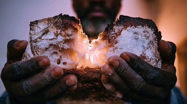 Artisan bread loaf being broken apart by male hands in a close up for bakery branding, artisanal food marketing and sourdough bread recipe social media content