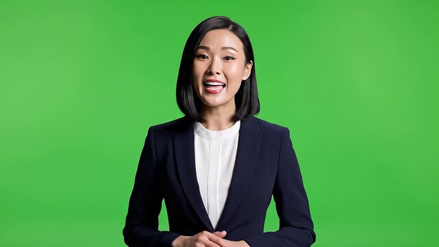 A smiling Asian woman in a business suit stands behind a white desk on a green screen for an AI avatar presentation.