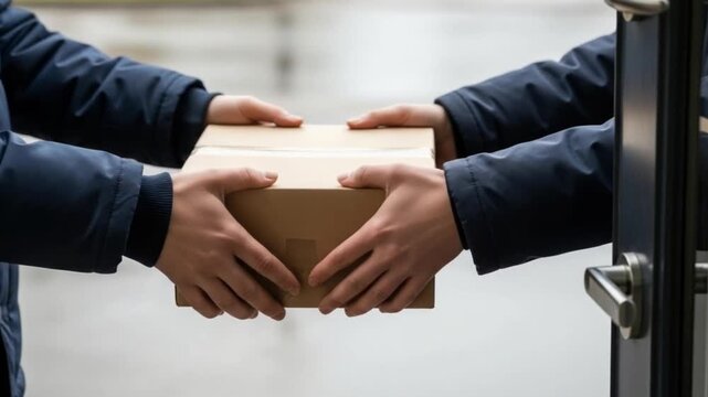 Hands delivering cardboard package at open doorway.