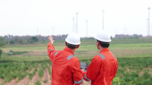 Two Asian male engineering coworkers analyzing renewable turbine data layout on tablet screen. Focused industrial technicians managing green clean electricity utility station.