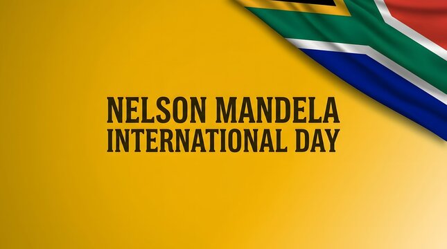 A minimalist horizontal layout for Nelson Mandela Day with ample text space on a yellow background and the South African flag waving from the top right corner.