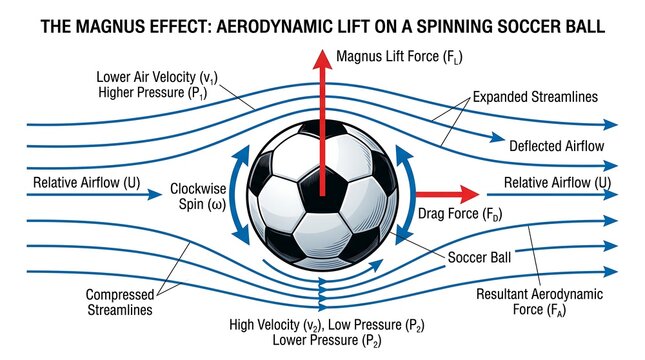 Precise scientific diagram illustration charting the magnus effect forces acting on a spinning kicked soccer