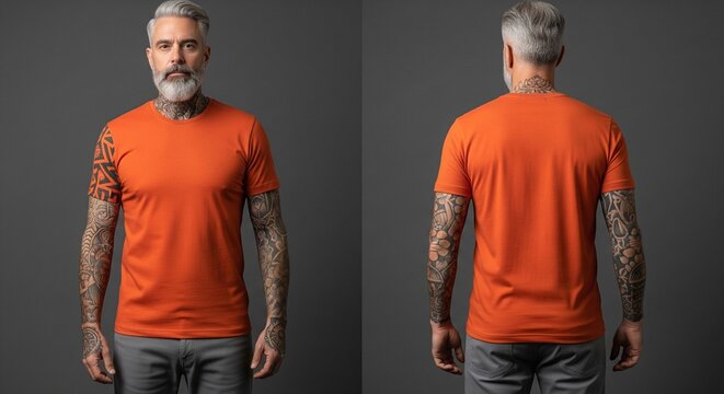 Man with tattoos wearing an orange t-shirt front and back view studio shot