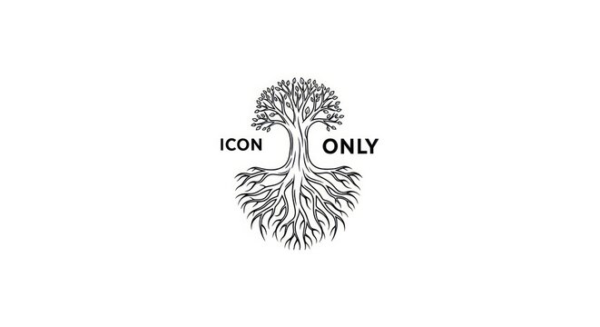Hand drawn black and white tree of life icon with roots