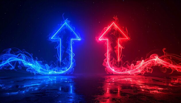 Blue and red glowing arrows symbolizing duality and opposing forces