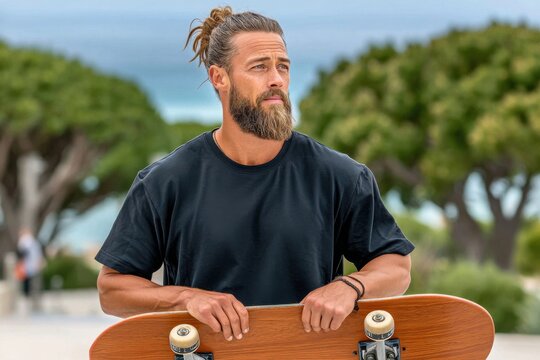 Skateboarder with full beard and man bun holding board by the seaside in casual black tee