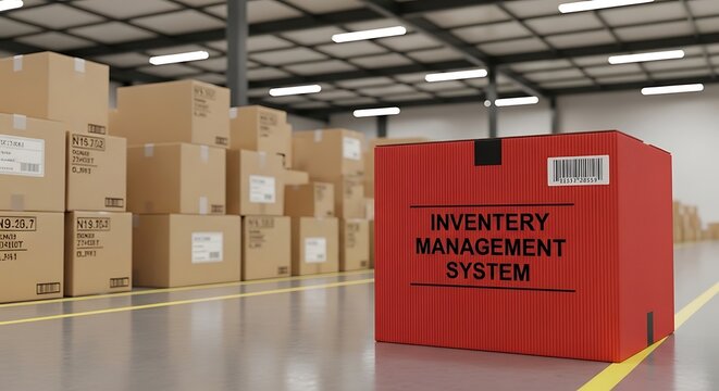 A large red inventory box sits on a warehouse floor beside stacked boxes.