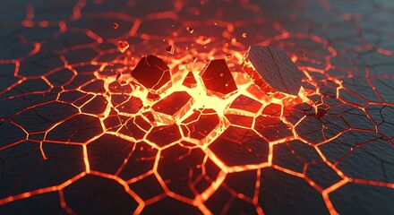 Obraz premium Molten lava surface with cracked texture glows brightly in dark environment
