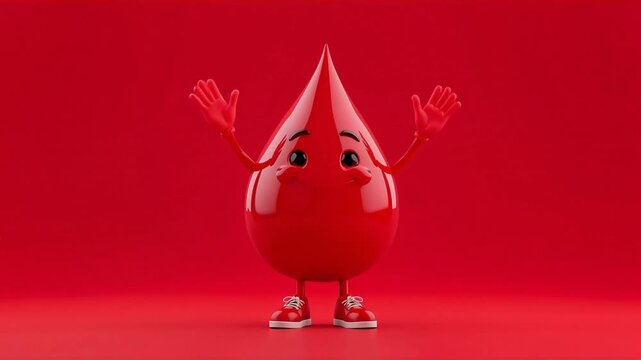 Blood drop character animation showing happy waving gestures and flexing biceps for medical healthcare awareness digital video motion clip