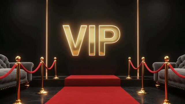 VIP entrance red carpet video featuring golden signage luxury velvet sofas and stanchions for exclusive high end event motion background