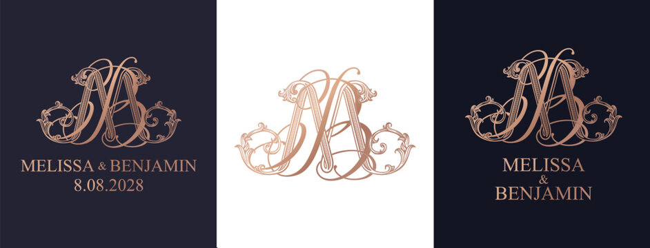 MB BM monogram logo in a sophisticated ornamental style. Luxury wedding initials for stationery, invitations and personalized wedding branding.