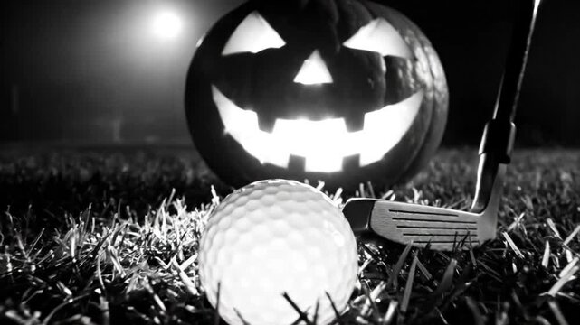 Spooky night golf setting with glowing jack o lantern, ball and golf club on green grass field in black and white