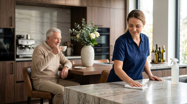 Housekeeper cleaning luxury kitchen counter with senior man