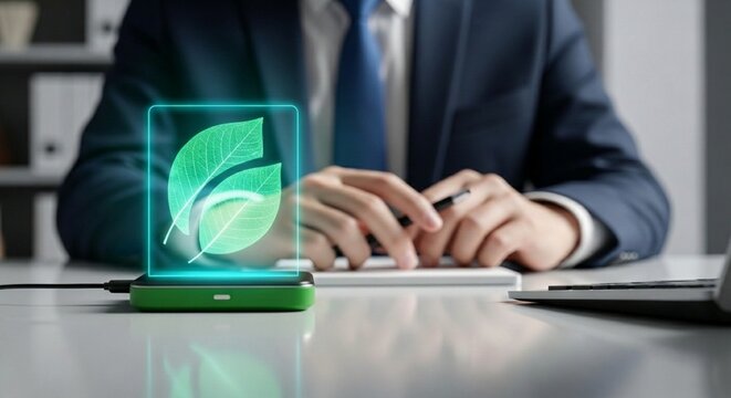 Sustainable business concept with businessman sitting at office desk looking at green glowing holographic leaf icon on futuristic device, representing eco friendly corporate environment and ESG strate