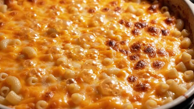 Close up of bubbling baked macaroni and cheese with golden brown crust