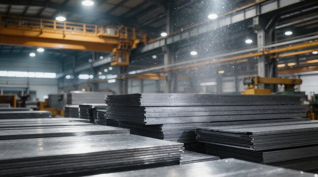 Stacks of raw metal sheets ready for manufacturing in a modern industrial factory with overhead cranes and bright lighting