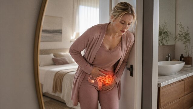 Woman suffering from abdominal pain with highlighted uterus anatomy. Medical concept of gynecological health issue and pelvic discomfort. Healthcare visual for illness diagnosis.