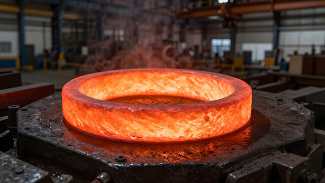 Intensely glowing red hot forged metal ring on a machine in a busy heavy industry factory. Metallurgy production